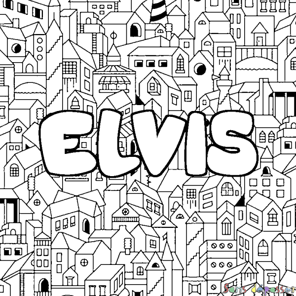 Coloriage pr&eacute;nom ELVIS - d&eacute;cor Ville