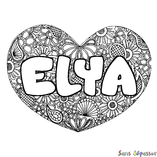 Coloriage prénom ELYA - d&eacute;cor Mandala coeur