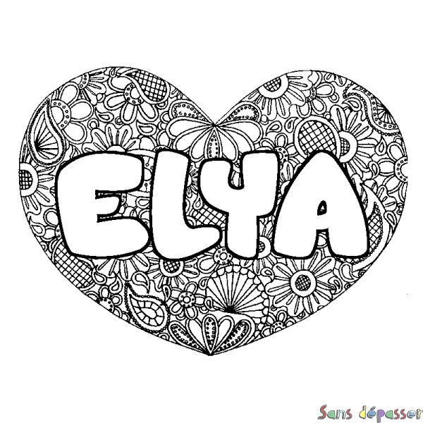 Coloriage pr&eacute;nom ELYA - d&eacute;cor Mandala coeur