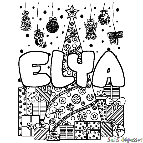 Coloriage prénom ELYA - d&eacute;cor Sapin et Cadeaux