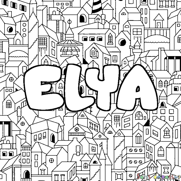 Coloriage pr&eacute;nom ELYA - d&eacute;cor Ville