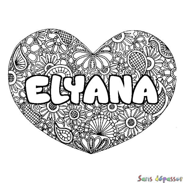 Coloriage prénom ELYANA - d&eacute;cor Mandala coeur