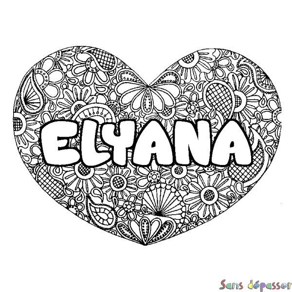 Coloriage pr&eacute;nom ELYANA - d&eacute;cor Mandala coeur