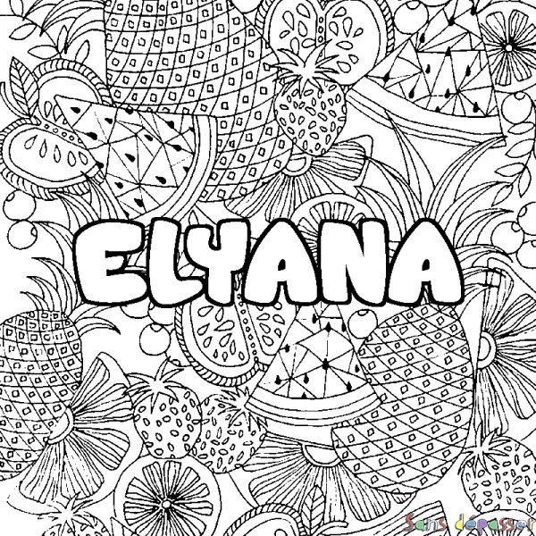 Coloriage pr&eacute;nom ELYANA - d&eacute;cor Mandala fruits