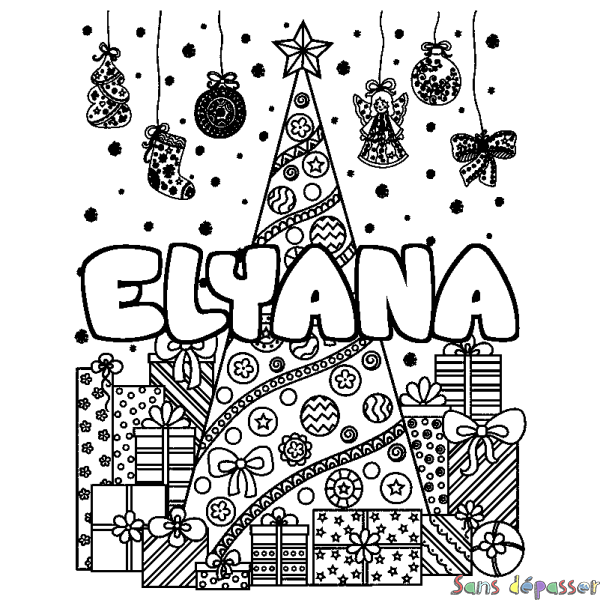 Coloriage pr&eacute;nom ELYANA - d&eacute;cor Sapin et Cadeaux