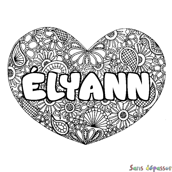 Coloriage pr&eacute;nom &Eacute;LYANN - d&eacute;cor Mandala coeur