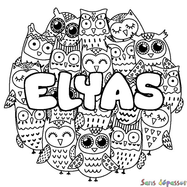 Coloriage pr&eacute;nom ELYAS - d&eacute;cor Chouettes