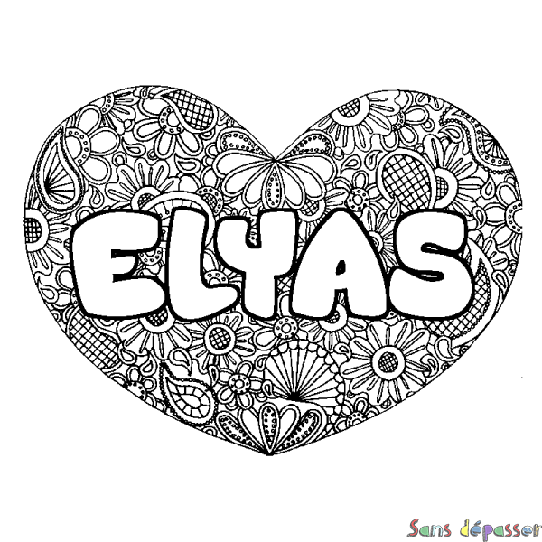 Coloriage prénom ELYAS - d&eacute;cor Mandala coeur