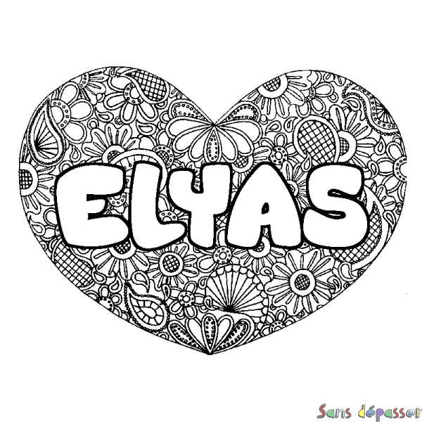 Coloriage pr&eacute;nom ELYAS - d&eacute;cor Mandala coeur