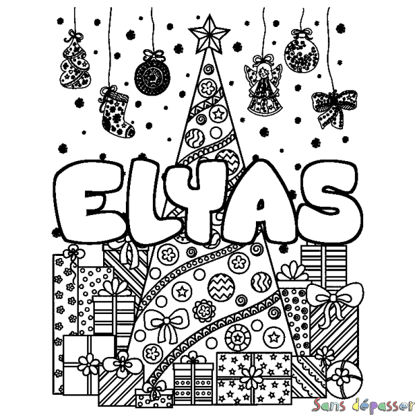 Coloriage prénom ELYAS - d&eacute;cor Sapin et Cadeaux