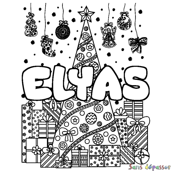 Coloriage pr&eacute;nom ELYAS - d&eacute;cor Sapin et Cadeaux