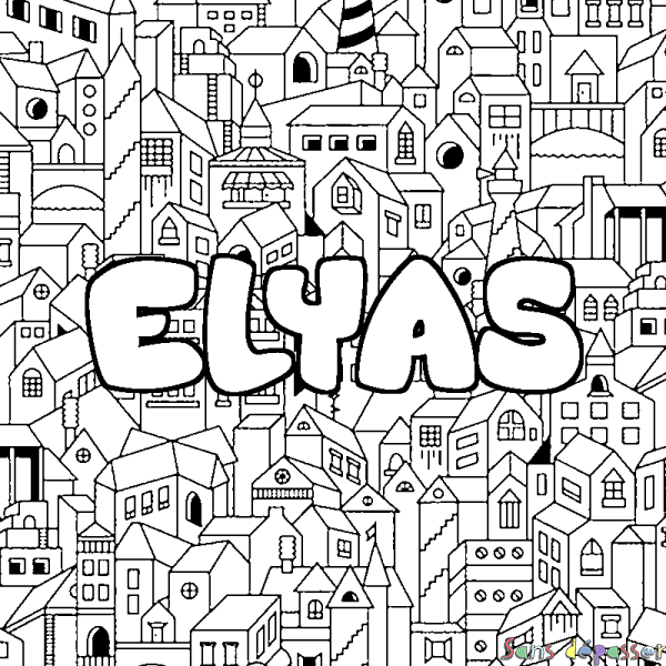 Coloriage pr&eacute;nom ELYAS - d&eacute;cor Ville