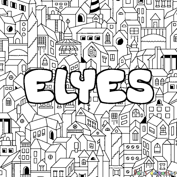 Coloriage pr&eacute;nom ELYES - d&eacute;cor Ville
