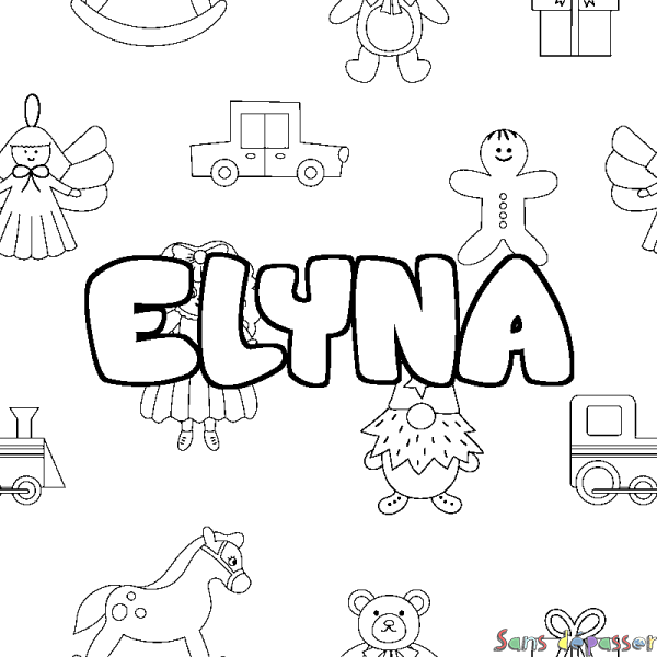 Coloriage pr&eacute;nom ELYNA - d&eacute;cor Jouets
