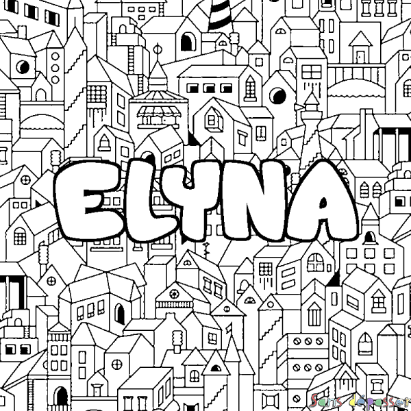 Coloriage pr&eacute;nom ELYNA - d&eacute;cor Ville
