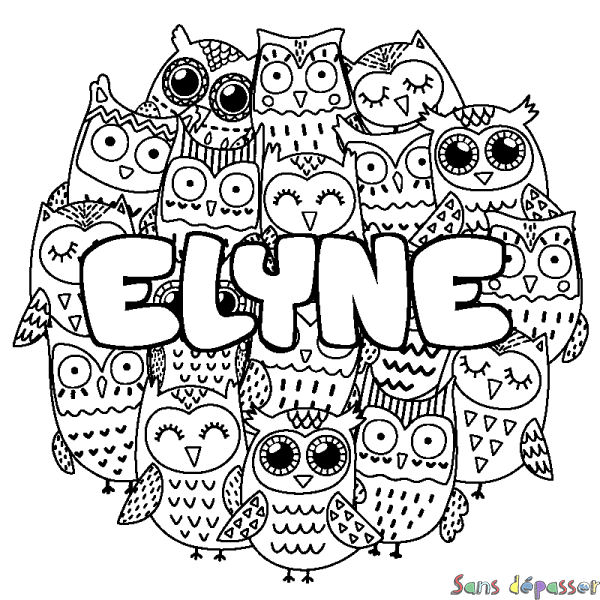 Coloriage prénom ELYNE - d&eacute;cor Chouettes