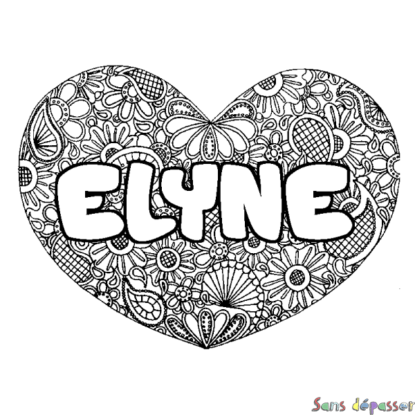 Coloriage pr&eacute;nom ELYNE - d&eacute;cor Mandala coeur