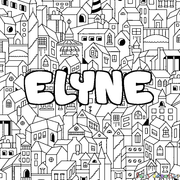 Coloriage pr&eacute;nom ELYNE - d&eacute;cor Ville