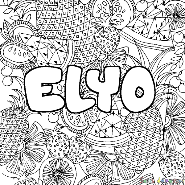 Coloriage pr&eacute;nom ELYO - d&eacute;cor Mandala fruits