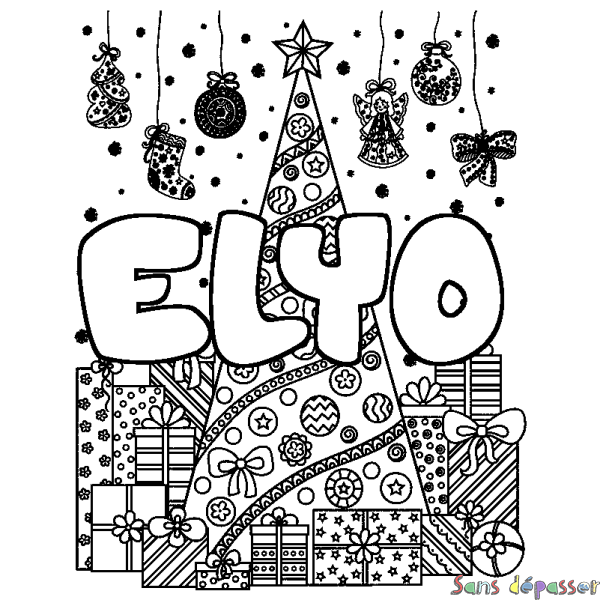 Coloriage prénom ELYO - d&eacute;cor Sapin et Cadeaux