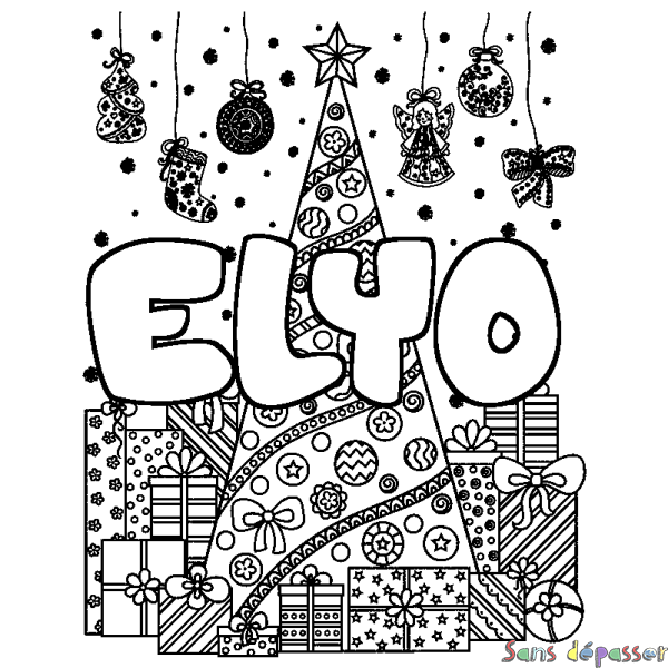 Coloriage pr&eacute;nom ELYO - d&eacute;cor Sapin et Cadeaux