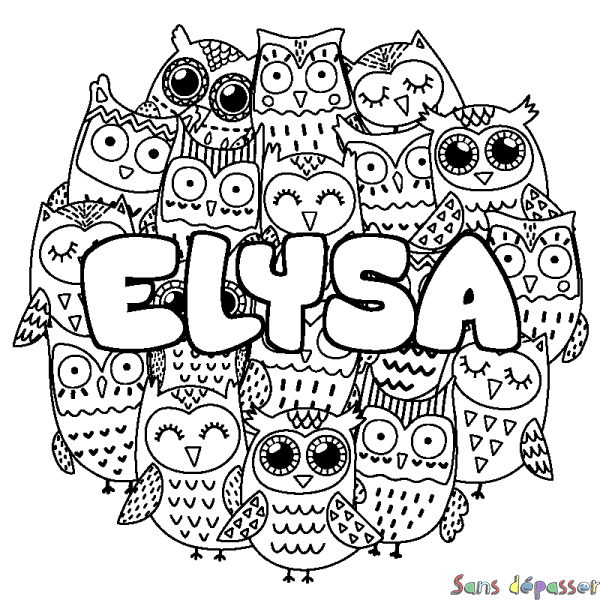 Coloriage pr&eacute;nom ELYSA - d&eacute;cor Chouettes