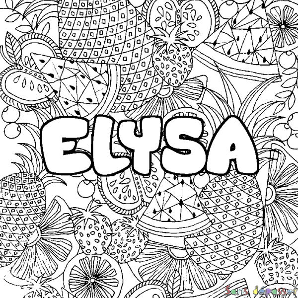 Coloriage pr&eacute;nom ELYSA - d&eacute;cor Mandala fruits