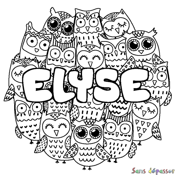 Coloriage prénom ELYSE - d&eacute;cor Chouettes