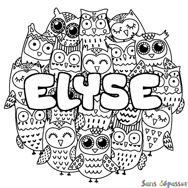 Coloriage pr&eacute;nom ELYSE - d&eacute;cor Chouettes