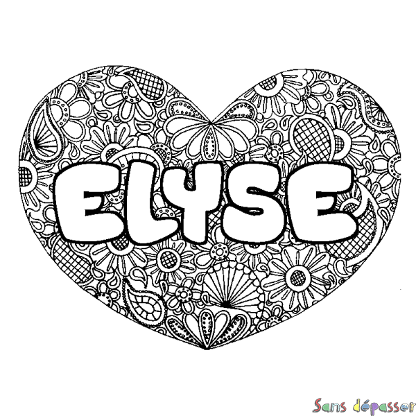 Coloriage pr&eacute;nom ELYSE - d&eacute;cor Mandala coeur