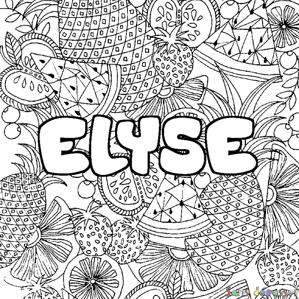Coloriage pr&eacute;nom ELYSE - d&eacute;cor Mandala fruits