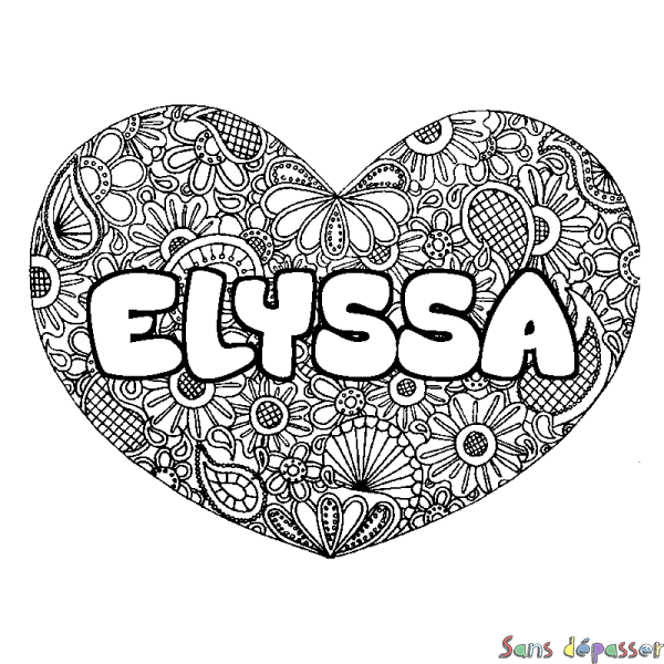 Coloriage prénom ELYSSA - d&eacute;cor Mandala coeur