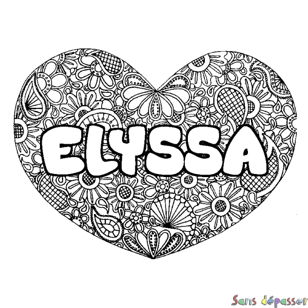 Coloriage pr&eacute;nom ELYSSA - d&eacute;cor Mandala coeur