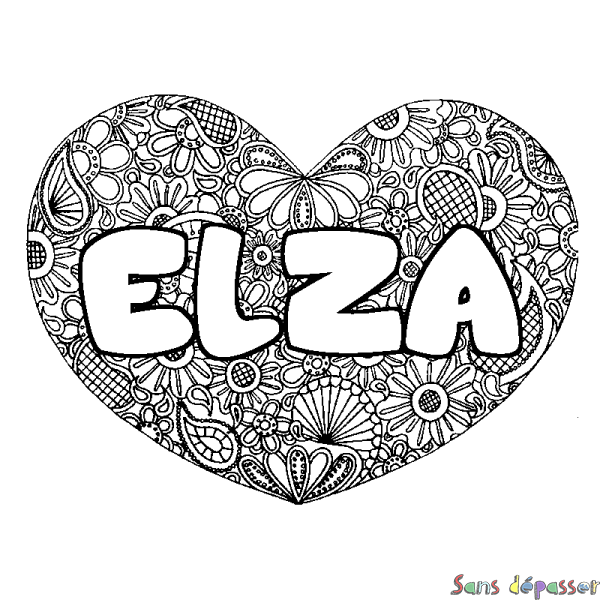 Coloriage pr&eacute;nom ELZA - d&eacute;cor Mandala coeur