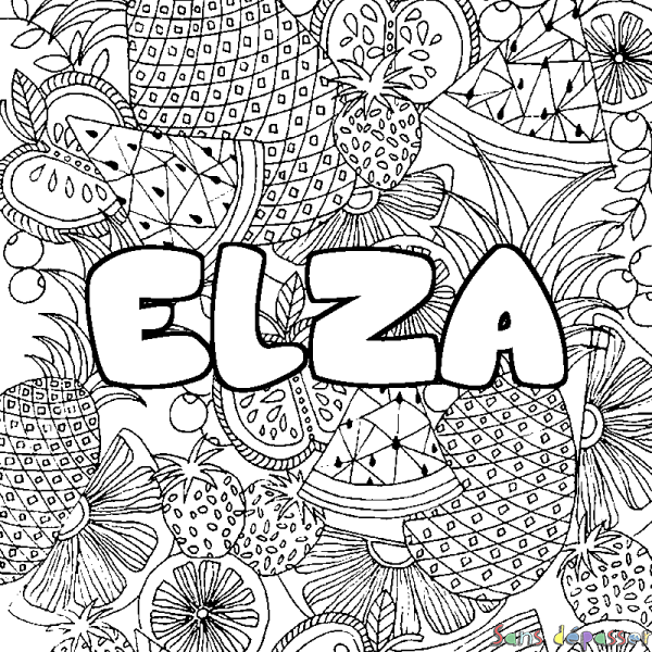 Coloriage pr&eacute;nom ELZA - d&eacute;cor Mandala fruits