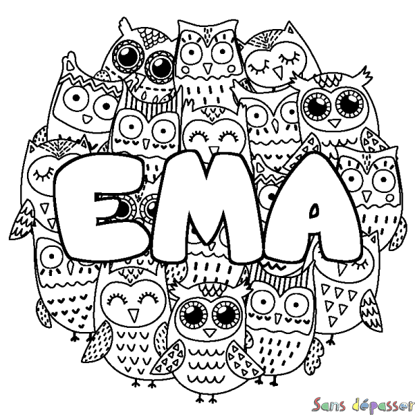 Coloriage prénom EMA - d&eacute;cor Chouettes