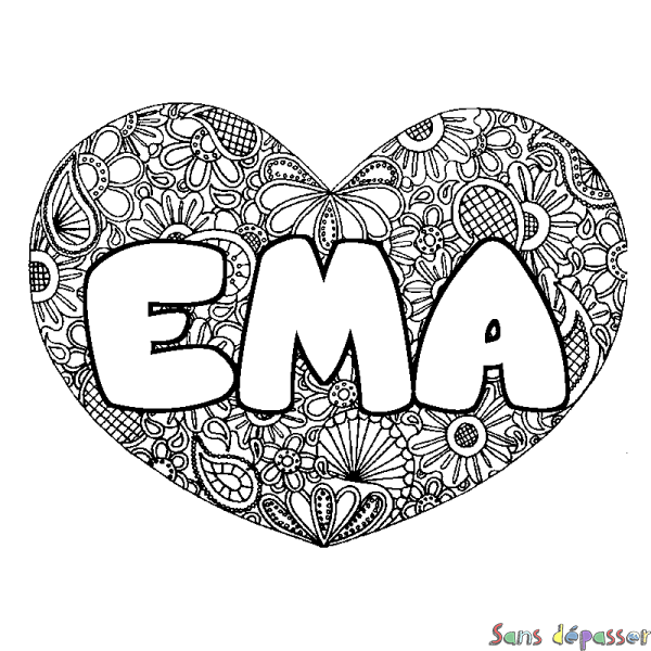 Coloriage prénom EMA - d&eacute;cor Mandala coeur