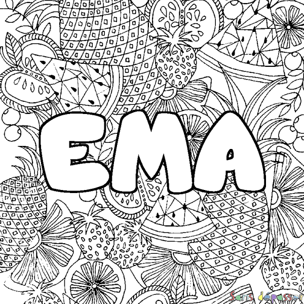 Coloriage prénom EMA - d&eacute;cor Mandala fruits