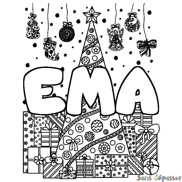 Coloriage prénom EMA - d&eacute;cor Sapin et Cadeaux