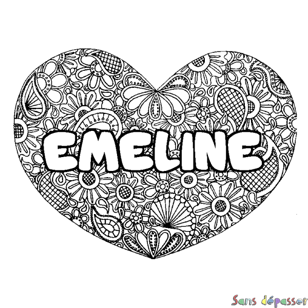 Coloriage prénom EMELINE - d&eacute;cor Mandala coeur
