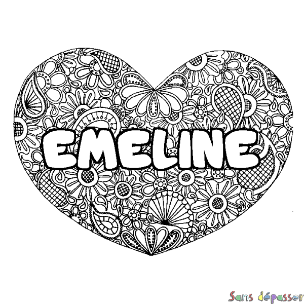 Coloriage pr&eacute;nom EMELINE - d&eacute;cor Mandala coeur