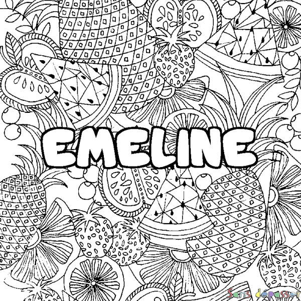 Coloriage prénom EMELINE - d&eacute;cor Mandala fruits