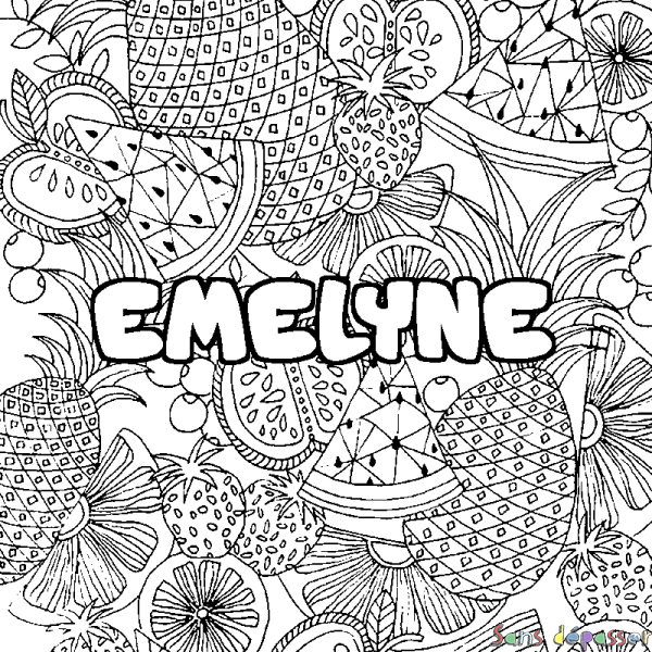 Coloriage pr&eacute;nom EMELYNE - d&eacute;cor Mandala fruits