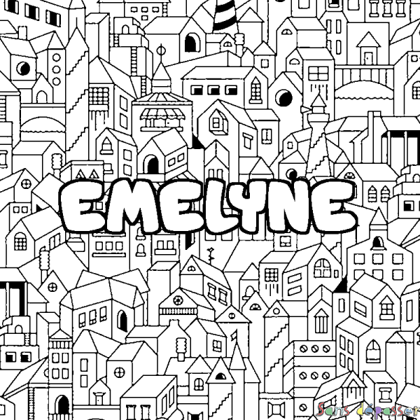 Coloriage prénom EMELYNE - d&eacute;cor Ville