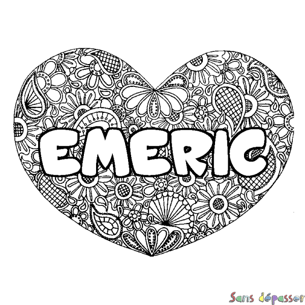 Coloriage pr&eacute;nom EMERIC - d&eacute;cor Mandala coeur