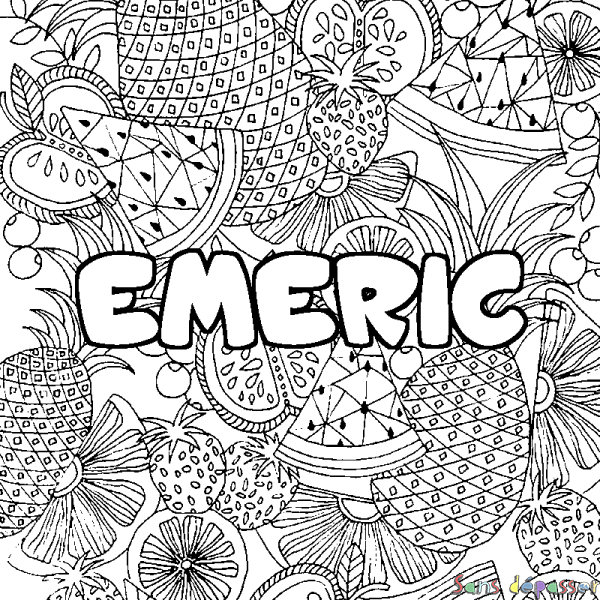 Coloriage pr&eacute;nom EMERIC - d&eacute;cor Mandala fruits