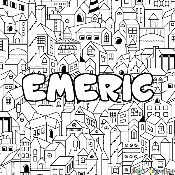 Coloriage pr&eacute;nom EMERIC - d&eacute;cor Ville