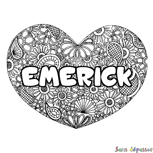 Coloriage prénom EMERICK - d&eacute;cor Mandala coeur