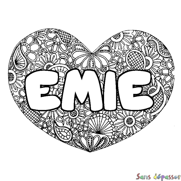 Coloriage pr&eacute;nom EMIE - d&eacute;cor Mandala coeur