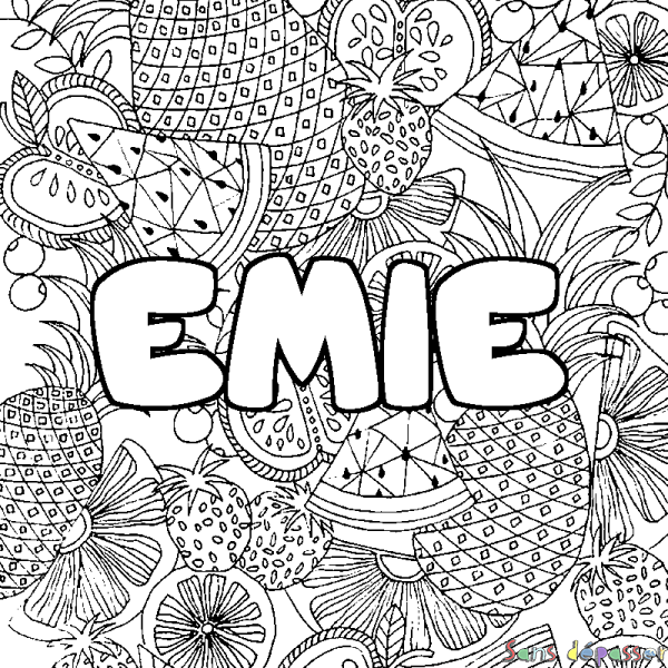 Coloriage pr&eacute;nom EMIE - d&eacute;cor Mandala fruits